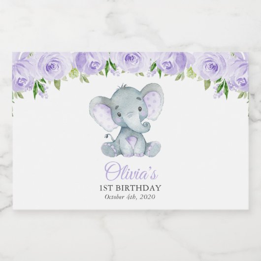 Cute Elephant, Purple Flowers, First Birthday Sparkling Wijnetiket (Enkel label)