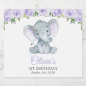 Cute Elephant, Purple Flowers, First Birthday Sparkling Wijnetiket (Enkel label)