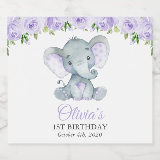 Cute Elephant, Purple Flowers, First Birthday Sparkling Wijnetiket (Enkel label)