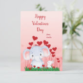 Cute Elephant Rabbit Friends Red Hearts Valentijn Kaart (Staand voorkant)