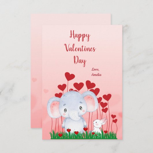 Cute Elephant Rabbit Friends Red Hearts Valentijn Kaart (Voorkant / Achterkant)