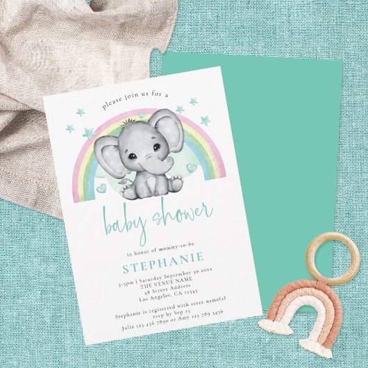 Cute Elephant Rainbow Gender Neutral Baby shower Kaart