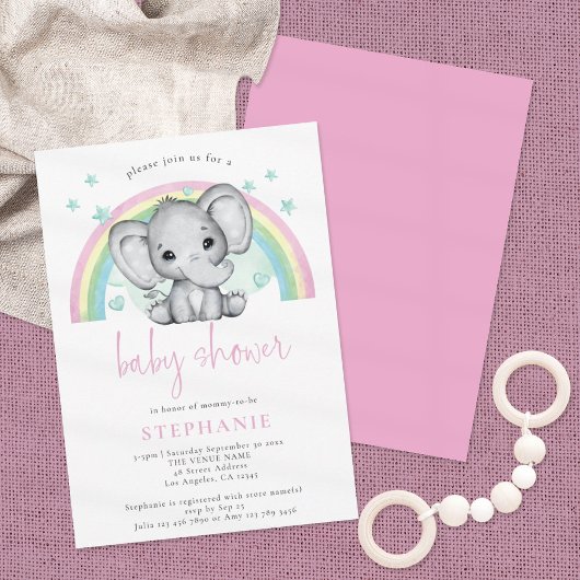 Cute Elephant Rainbow Pink Baby shower Kaart