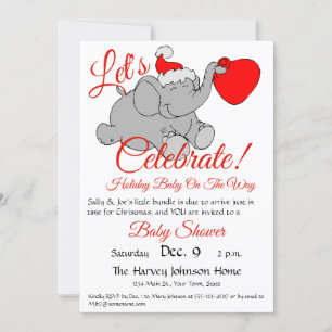 Cute Elephant, Red Santa Hat & Bundle Baby shower Kaart