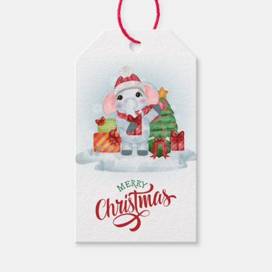Cute Elephant Santa Hat Kerstmis Cadeaulabel (Voorkant)