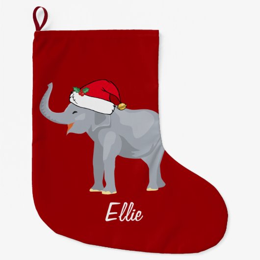 Cute Elephant Santa Hat Personalized Red Grote Kerstsok (Voorkant)