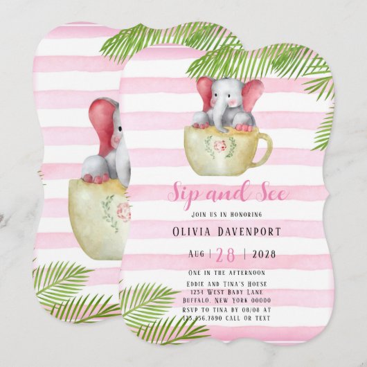 Cute Elephant Sip en See Girl Baby shower Kaart (Voorkant / Achterkant)