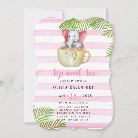 Cute Elephant Sip en See Girl Baby shower Kaart (Voorkant)