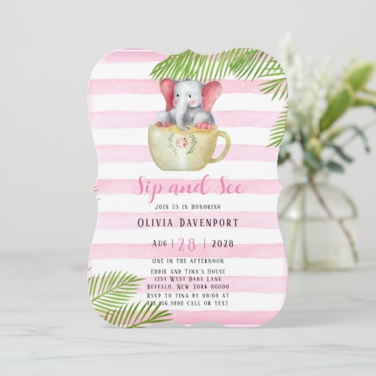 Cute Elephant Sip en See Girl Baby shower Kaart (Staand voorkant)