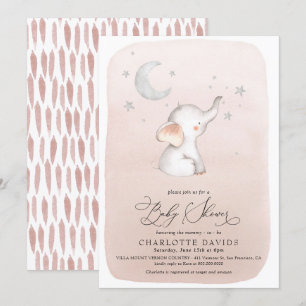 Cute Elephant Stars Moon Blush Girl Baby shower Kaart