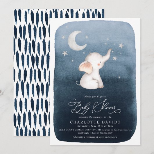 Cute Elephant Stars & Moon Navy Boy Baby shower Kaart (Voorkant / Achterkant)
