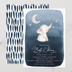 Cute Elephant Stars & Moon Navy Boy Baby shower Kaart