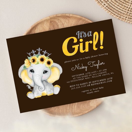 Cute Elephant Sunflower Baby shower Kaart