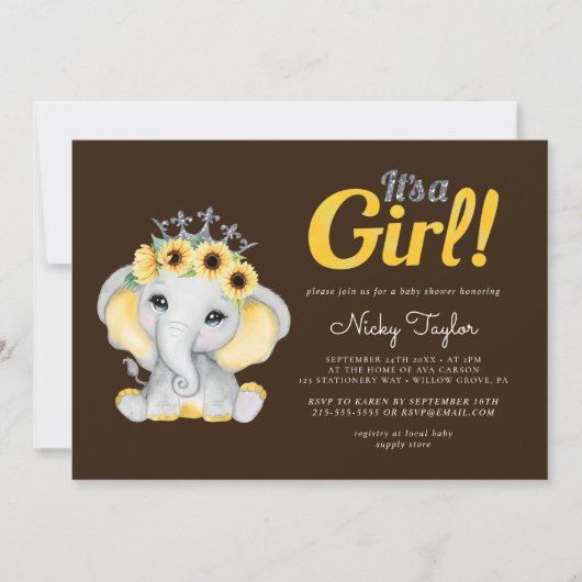 Cute Elephant Sunflower Baby shower Kaart (Voorkant)