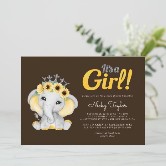 Cute Elephant Sunflower Baby shower Kaart (Staand voorkant)
