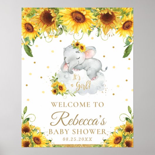 Cute Elephant Sunflower Baby shower Welcome Sign. Poster (Voorkant)