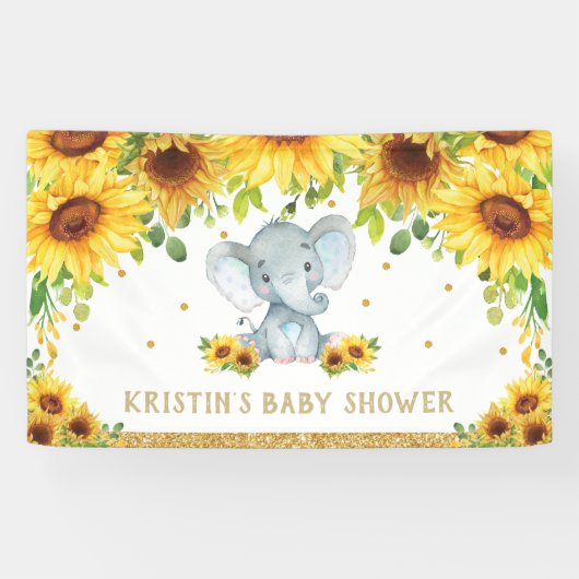 Cute Elephant Sunflower Boy Baby shower Backdrop  Spandoek (Horizontaal)