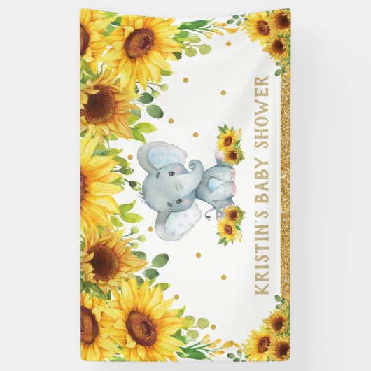 Cute Elephant Sunflower Boy Baby shower Backdrop  Spandoek (Verticaal)