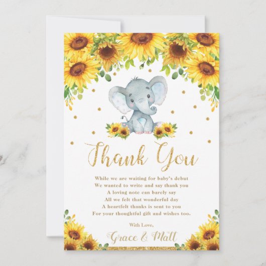 Cute Elephant Sunflower Boy Baby shower  Bedankkaart (Voorkant)