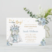 Cute Elephant Tribal Blue Gold Boy Baby shower Kaart (Staand voorkant)