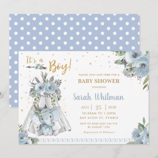 Cute Elephant Tribal Blue Gold Boy Baby shower Kaart (Voorkant / Achterkant)