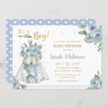 Cute Elephant Tribal Blue Gold Boy Baby shower
