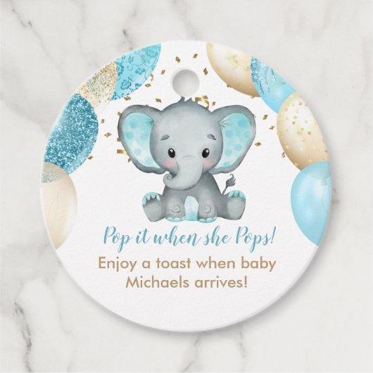 Cute Elephant Turquiose Gold Balloons Baby shower Bedankjes Labels (Voorkant)
