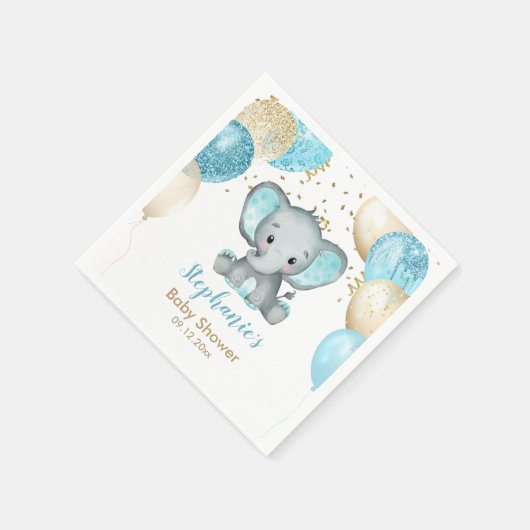 Cute Elephant Turquiose Gold Balloons Baby shower Servet (Hoek)