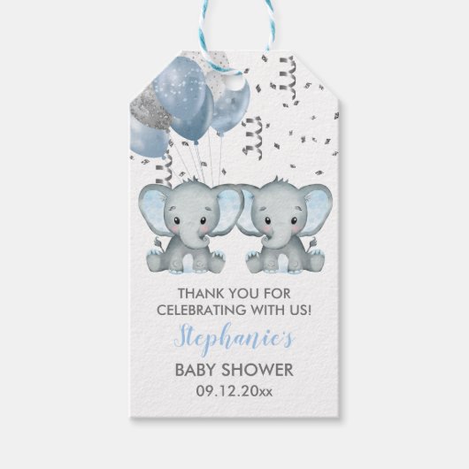 Cute Elephant Twin Boy Balloons Baby shower Cadeaulabel (Voorkant)