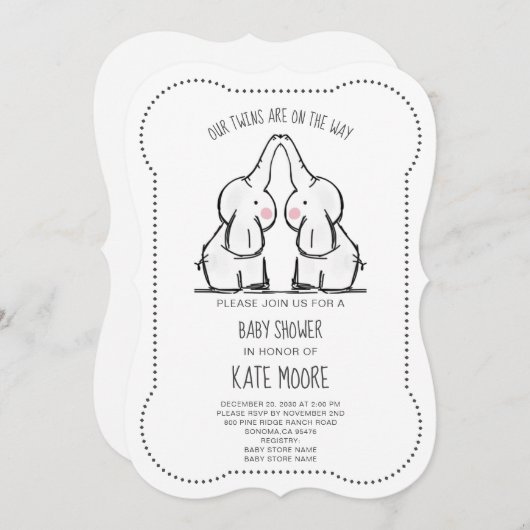 Cute Elephant Twins Baby shower Invitation Kaart (Voorkant / Achterkant)
