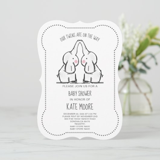 Cute Elephant Twins Baby shower Invitation Kaart (Staand voorkant)