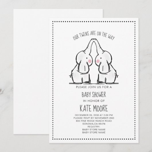 Cute Elephant Twins Baby shower Kaart (Voorkant / Achterkant)