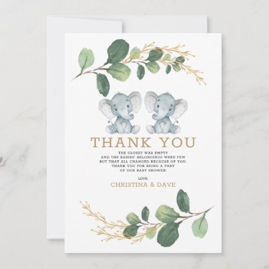 Cute Elephant Twins Greenery Gold Baby shower Bedankkaart (Voorkant)