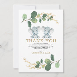 Cute Elephant Twins Greenery Gold Baby shower Bedankkaart