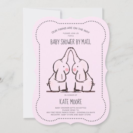 Cute Elephant Twins Pink Girl Baby shower e-mail Kaart (Voorkant)