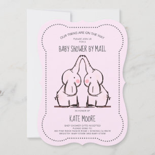 Cute Elephant Twins Pink Girl Baby shower e-mail Kaart