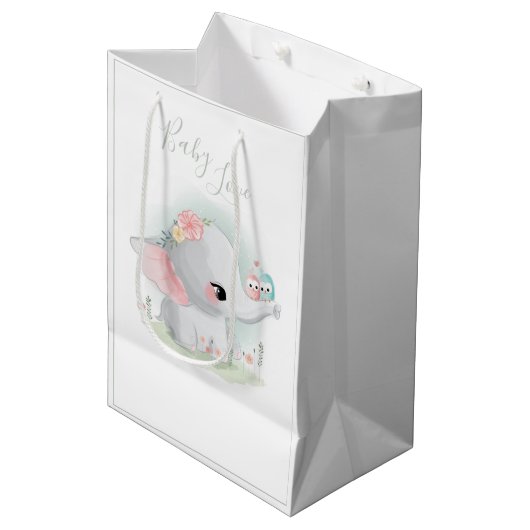Cute Elephant Waterverf Baby Love Sage Green Medium Cadeauzakje (Voorkant Gekanteld)