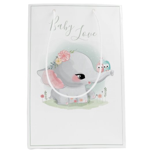 Cute Elephant Waterverf Baby Love Sage Green Medium Cadeauzakje (Voorkant)