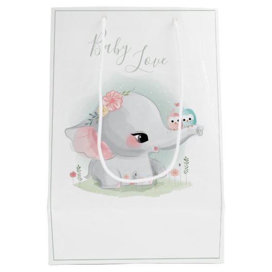 Cute Elephant Waterverf Baby Love Sage Green Medium Cadeauzakje (Achterkant)