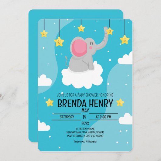 Cute Elephant Waterverf Baby shower Aankondiging (Voorkant / Achterkant)