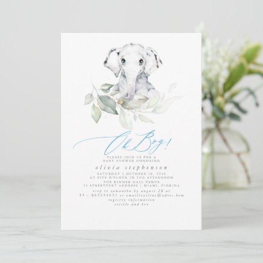 Cute Elephant Waterverf Greenery Baby shower Kaart (Staand voorkant)