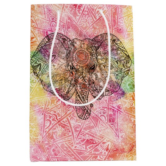 Cute Elephant Waterverf hand getrokken Henna flora Medium Cadeauzakje (Voorkant)