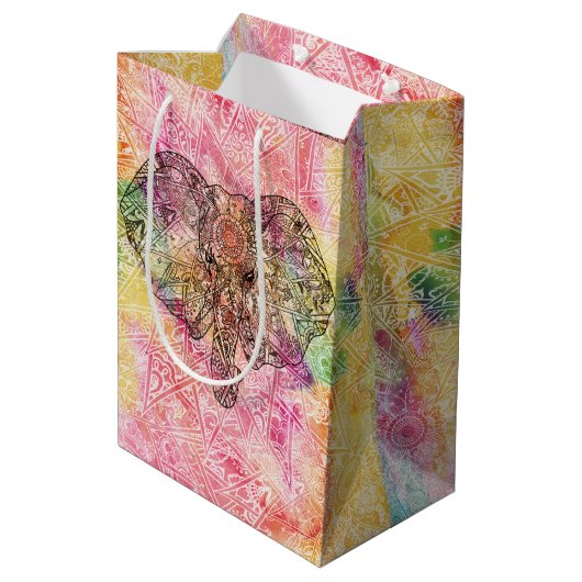 Cute Elephant Waterverf hand getrokken Henna flora Medium Cadeauzakje (Achterkant Gekanteld)