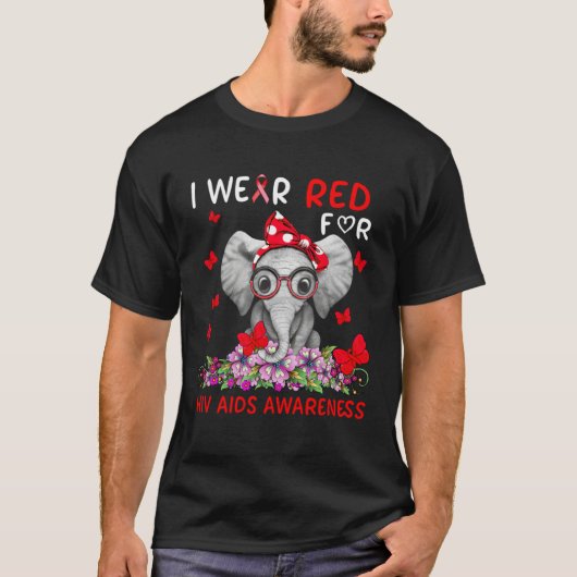 Cute Elephant Wear Red Ribbon For HIV AIDS Awarene T-shirt (Voorkant)