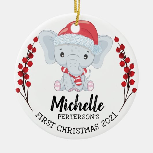 Cute Elephant Winter Holiday Baby's 1st Kerstmis Keramisch Ornament (Voorkant)