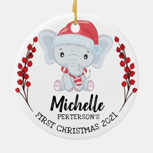 Cute Elephant Winter Holiday Baby's 1st Kerstmis Keramisch Ornament (Achterkant)