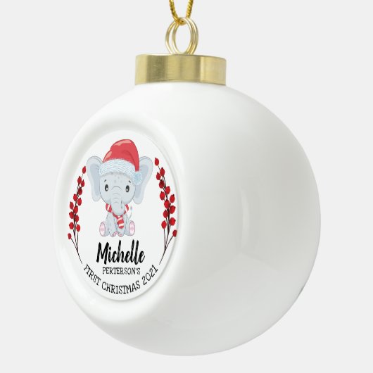 Cute Elephant Winter Holiday Baby's 1st Kerstmis Keramische Bal Ornament (Rechts)