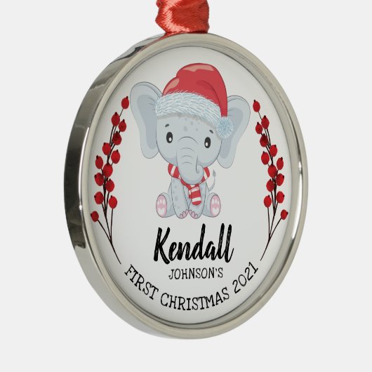 Cute Elephant Winter Holiday Baby's 1st Kerstmis Metalen Ornament (Rechts)