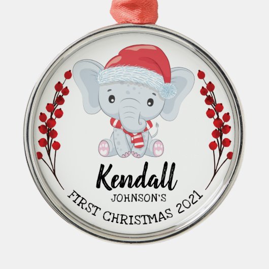 Cute Elephant Winter Holiday Baby's 1st Kerstmis Metalen Ornament (Voorkant)
