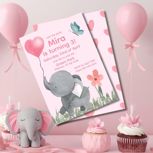 Cute Elephant with Ballon Birthday Party  Kaart